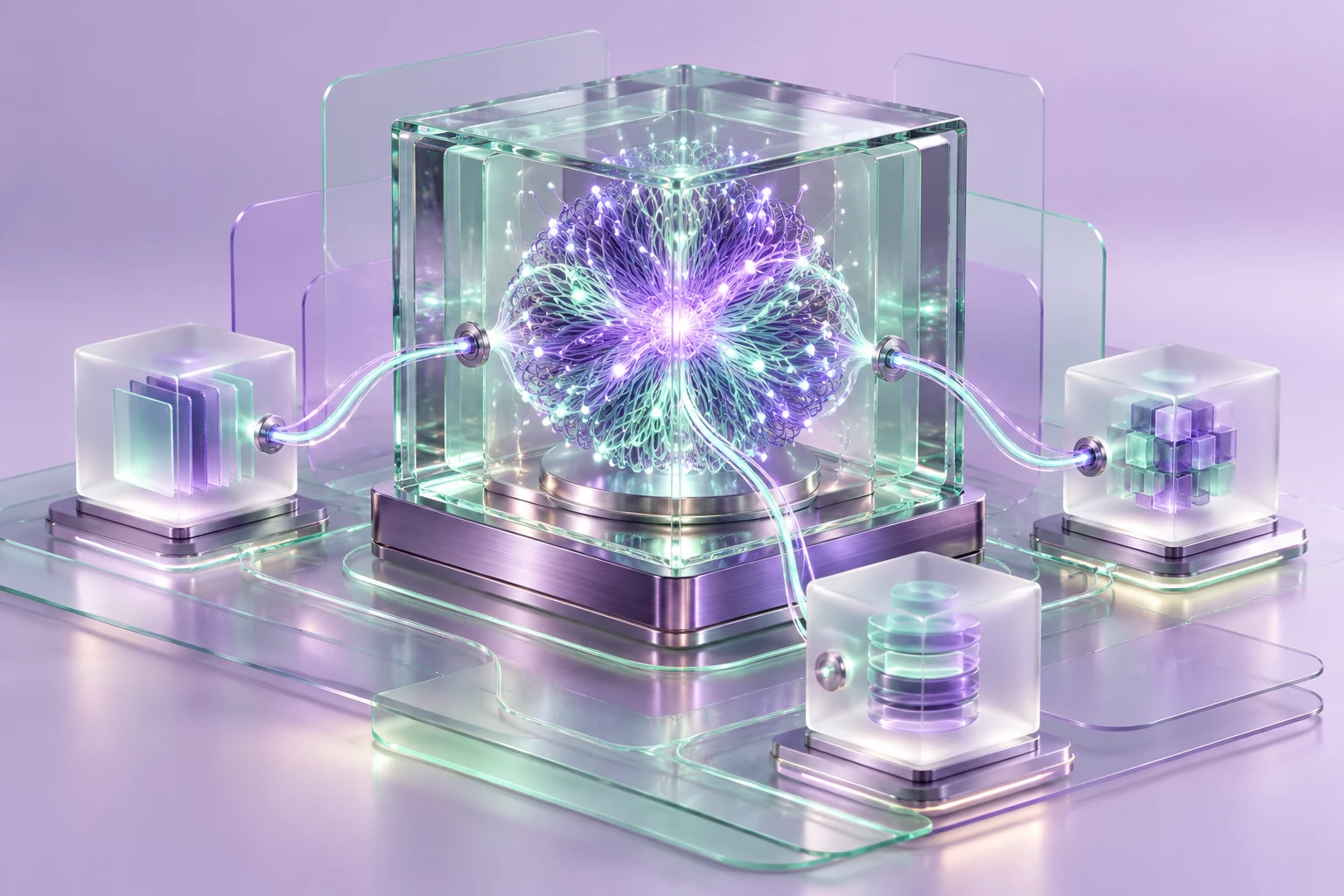Artificial intelligence concept: a neural core connected to document, process and data modules.