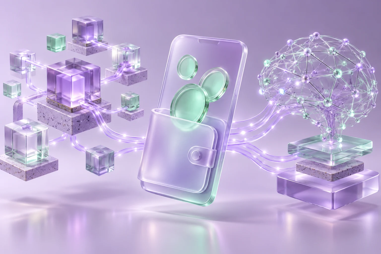 Concept illustration: a glass wallet connected to blockchain modules and a neural network, in violet and mint.