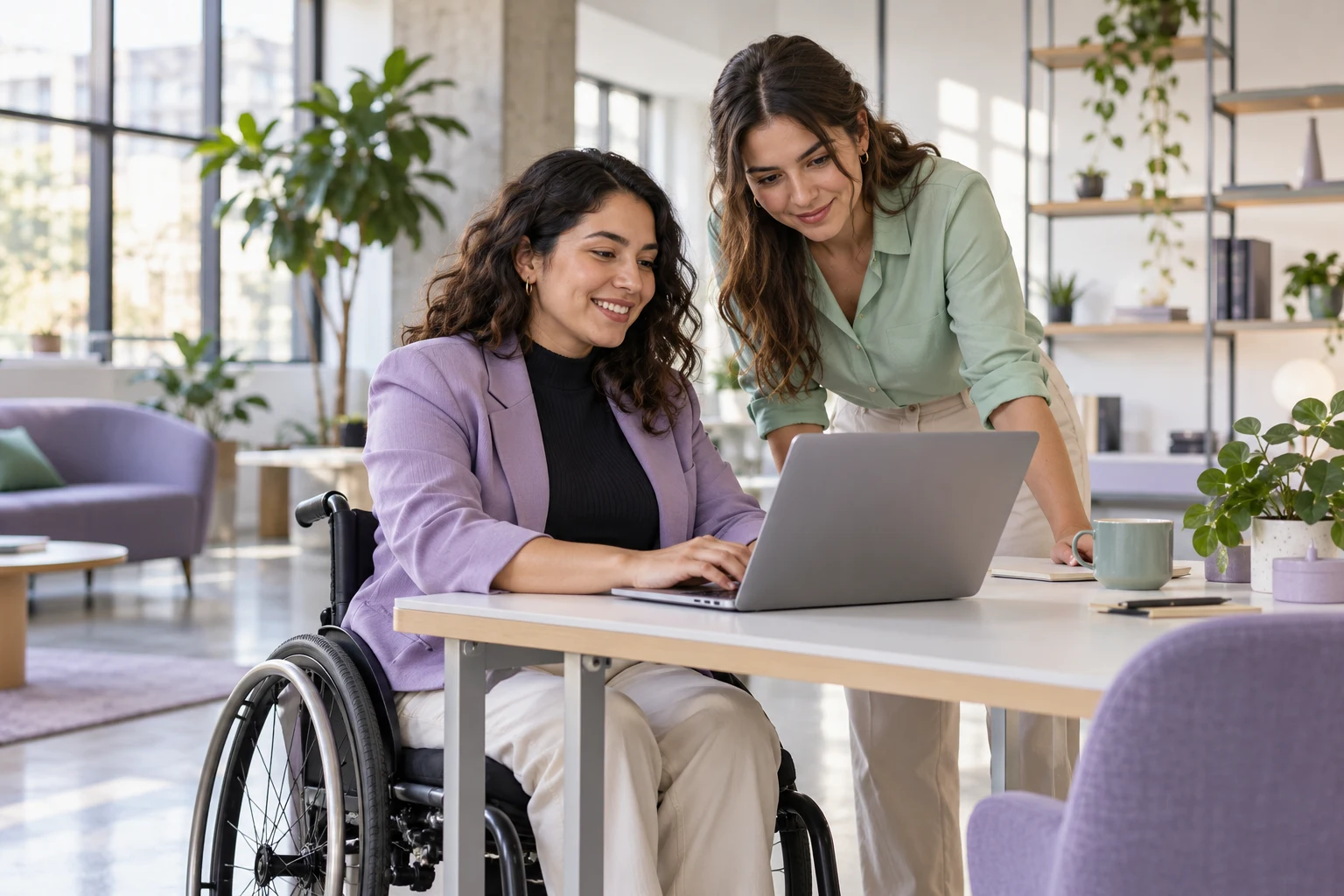 A professional who uses a wheelchair working on a laptop at an accessible desk, next to a colleague.
