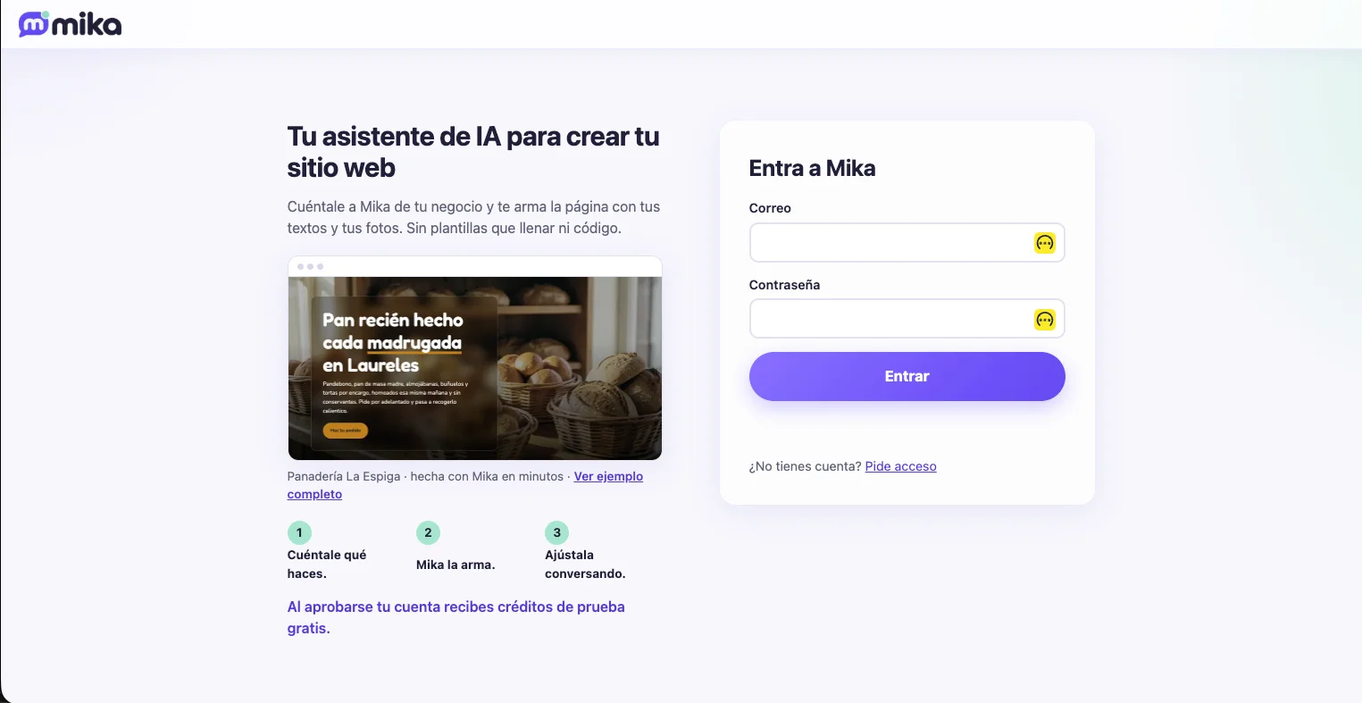 Mika Web sign-in screen: your AI assistant for building your website.