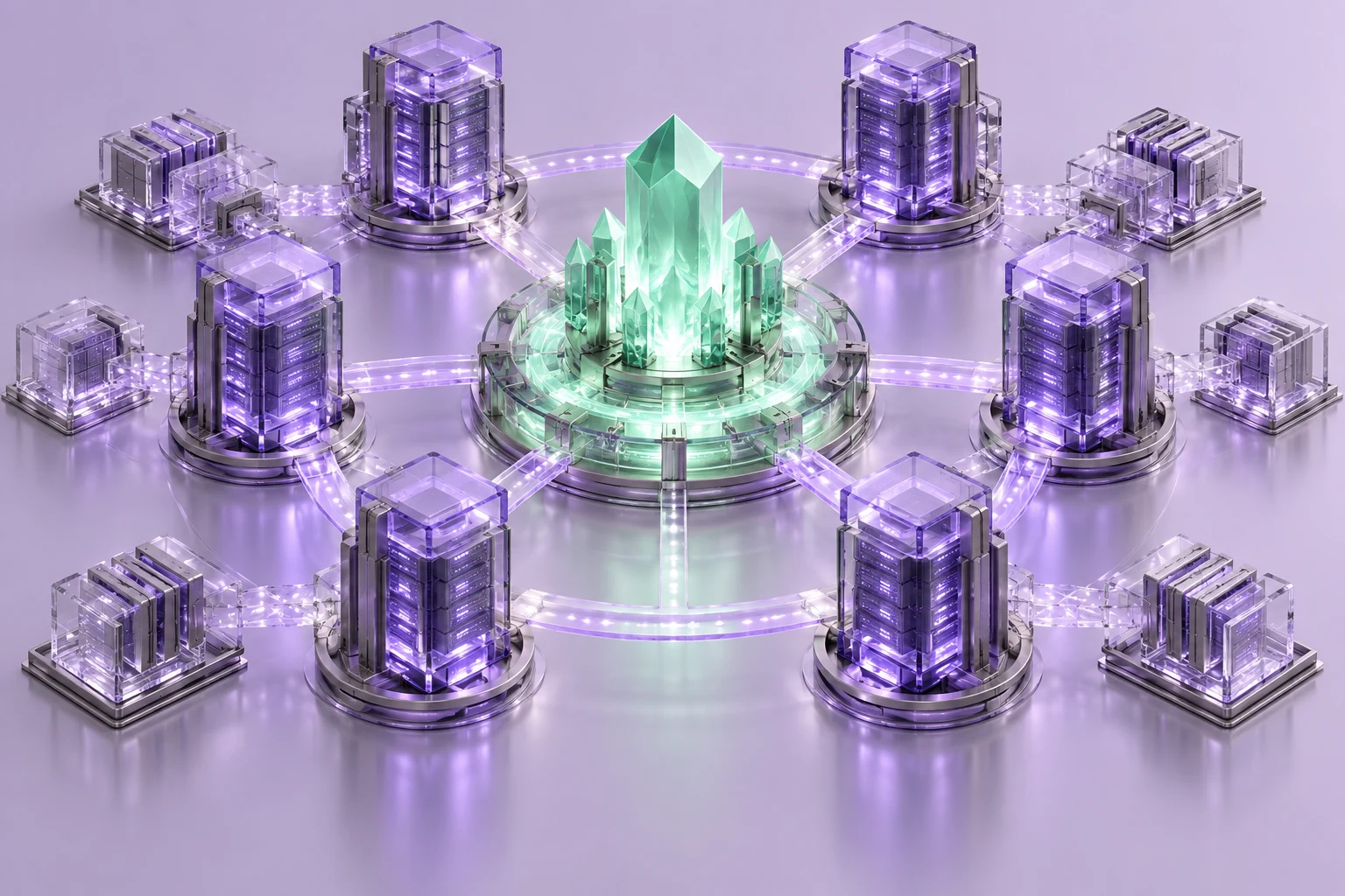 Concept of a private blockchain network: violet glass nodes connected around a mint core.