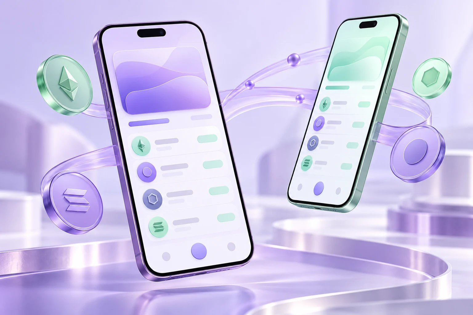 Visual concept of two custom wallets on phones, connected by violet and mint digital paths.